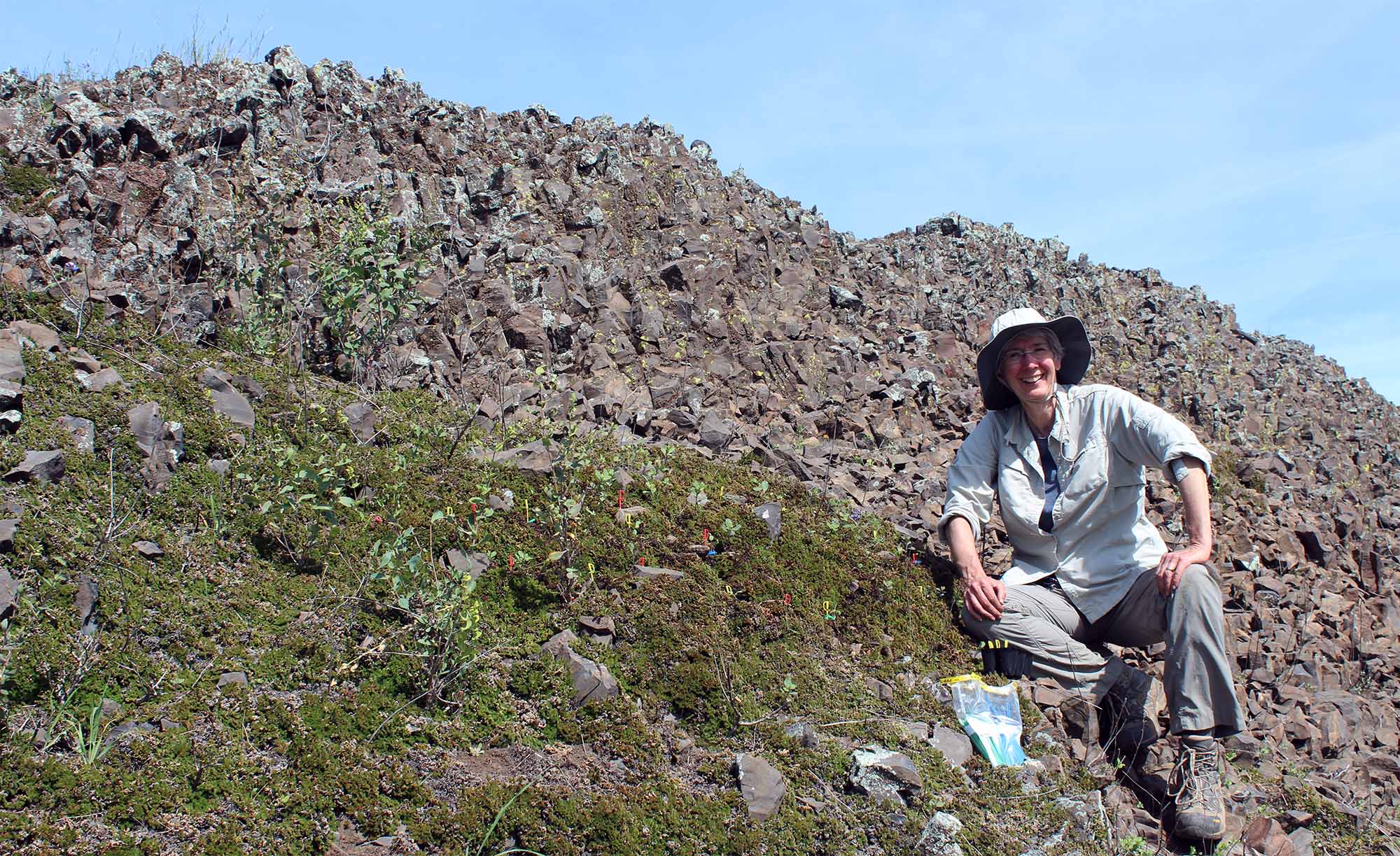 Person in outdoor field gear and wide-brimmed hat kneels on rocky hillside, smiling while conducting fieldwork in nature.