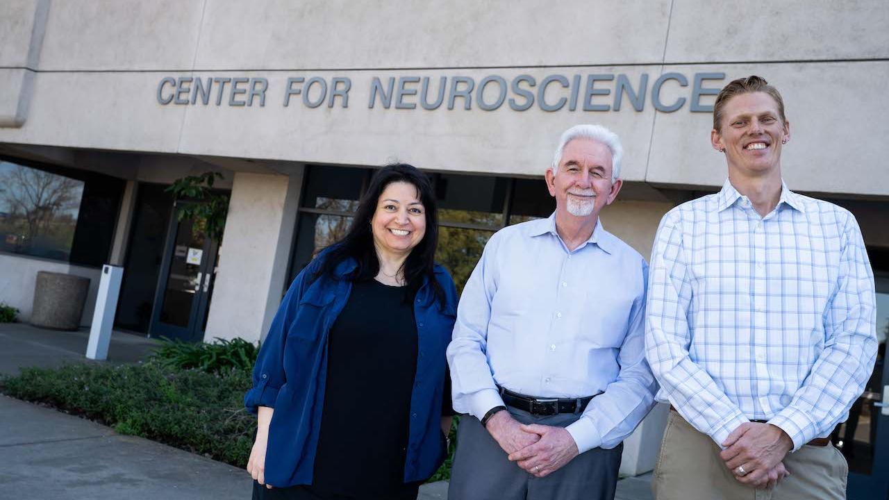 Researchers like Diasynou Fioravante, Cameron Carter and Alex Nord collaborate in state-of-the-art facilities to find solutions to help treat, prevent and cure brain conditions, like schizophrenia, autism, depression and Alzheimer’s disease, among others. David Slipher/UC Davis Fioravante, Cameron and Nord outside the Center for Neuroscience
