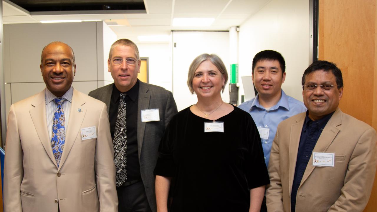 Chancellor Gary May, CBS Dean Mark Winey, Distinguished Professor Jodi Nunnari, staff member Fei Guo and Vice Chancellor for Research Prasant Mohapatra gathered for the opening of the new cryo EM facility on the UC Davis campus. Jen Prahl Gary May, Mark Winey, Jodi Nunnari, Fei Guo and Prasant Mohapatra