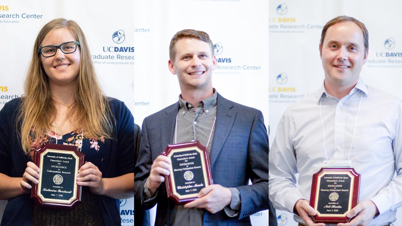 Undergraduate student Kate Borchardt, graduate student Chris Nosala and faculty member Neil Hunter were recognized with Chancellor's Awards for Excellence in Undergraduate Research. Daniel Oberbauer Undergraduate student Kate Borchardt, graduate student Chris Nosala and faculty member Neil Hunter stand with their plaques for the Chancellor's Award for Excellence in Undergraduate Research. Daniel Oberbauer
