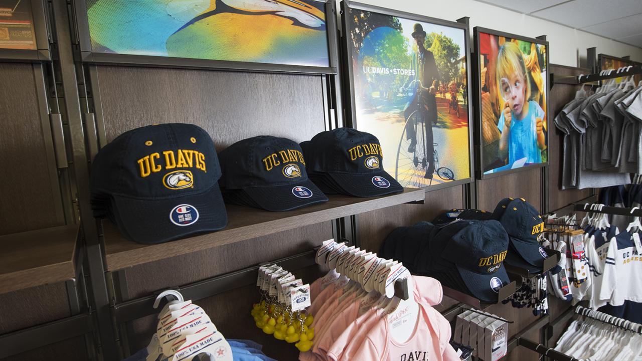 Shot of UC Davis branded products on the bookstore shelf.
