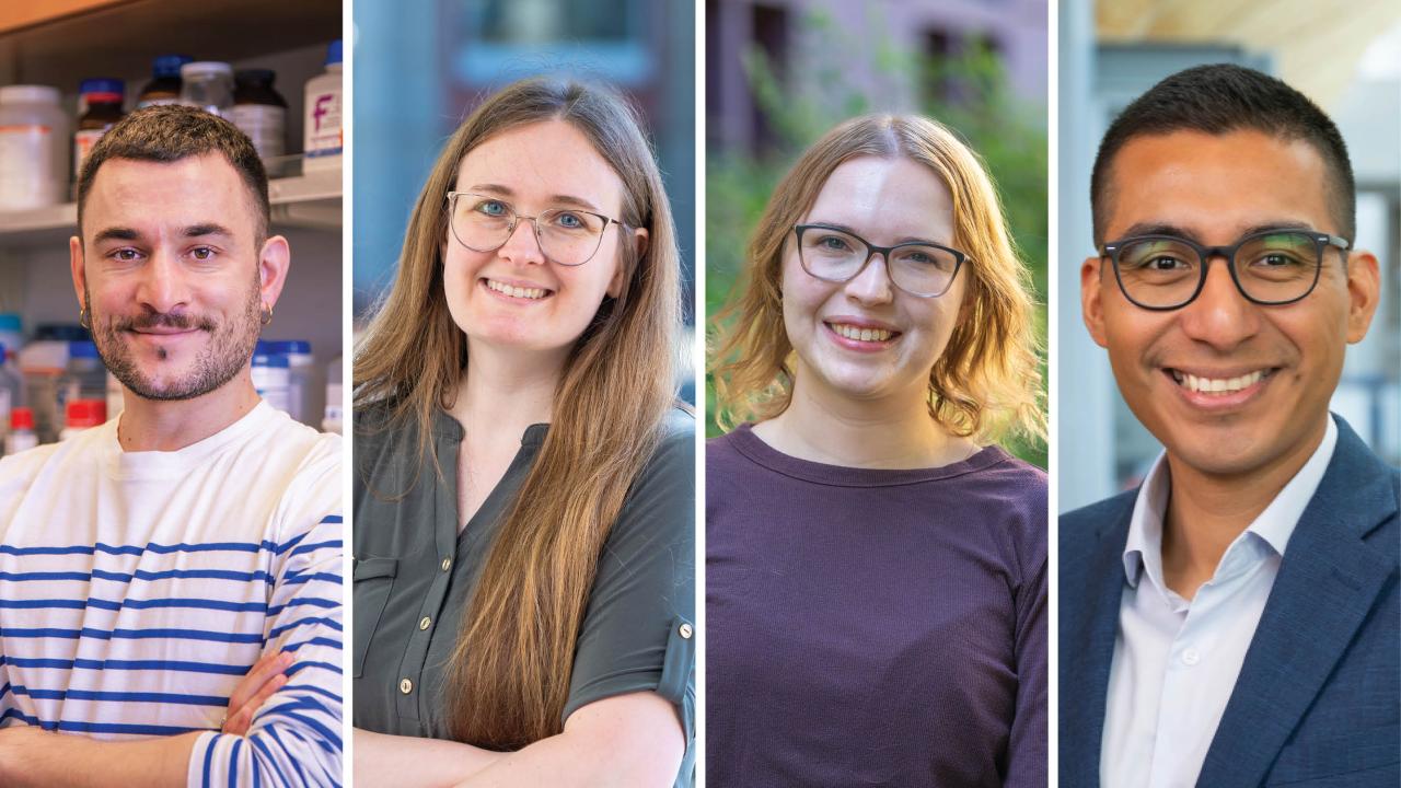 Four people smile in individual portraits, shown side by side in lab and outdoor settings.