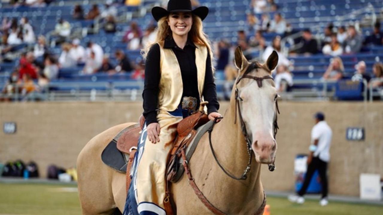 Young woman and horse during a football game
