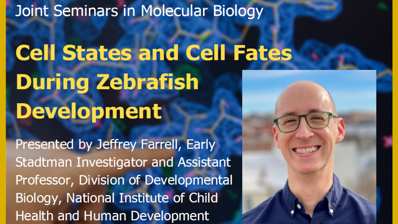 Blue graphic with seminar title, speaker name and title, and speaker photo