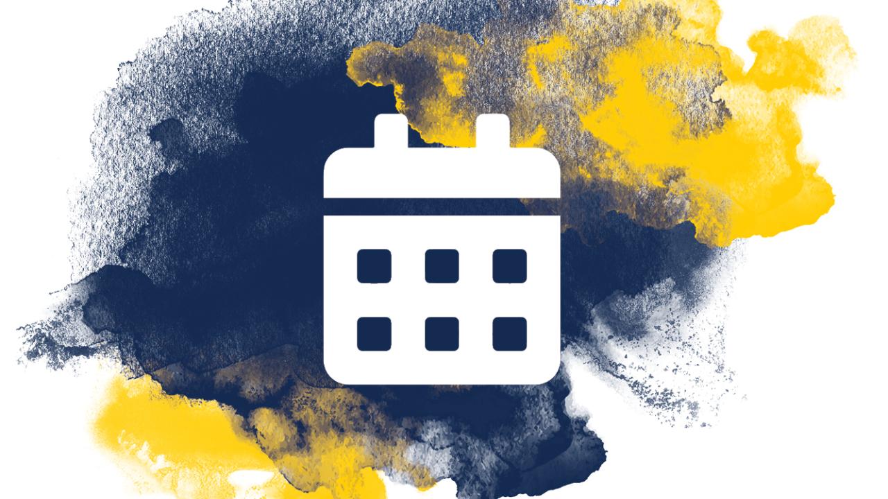 Calendar graphic over blue and gold watercolor marks