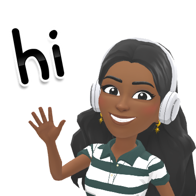 Cartoon avatar with headphones waves next to the word “hi,” smiling and wearing a striped green and white shirt.