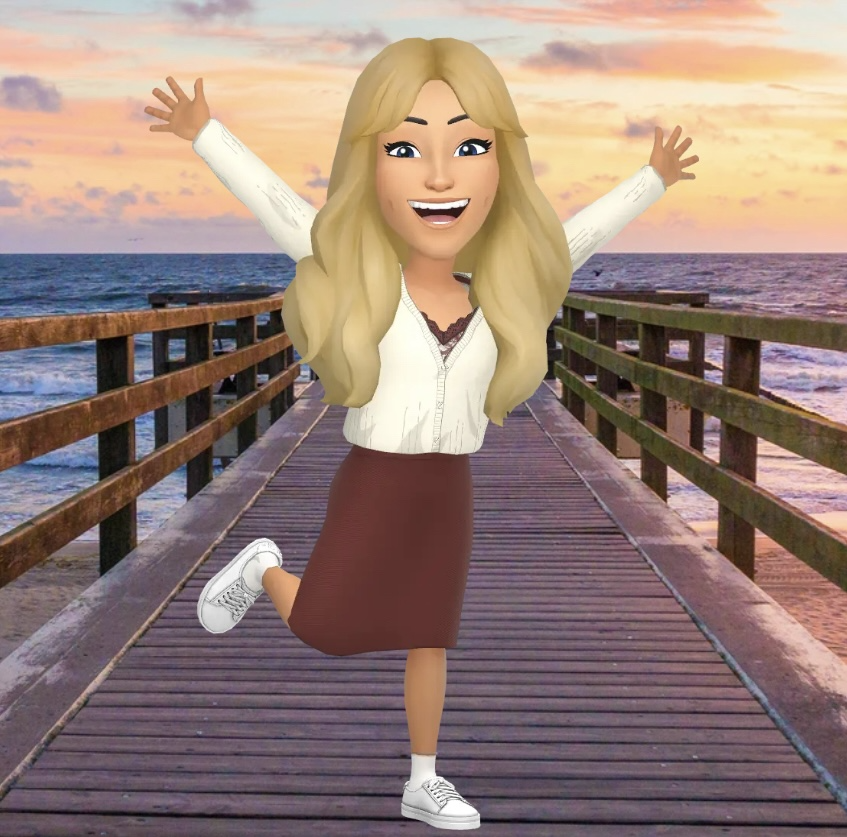 Cartoon avatar with long blonde hair jumps joyfully on a pier at sunset, arms raised with ocean waves in the background.