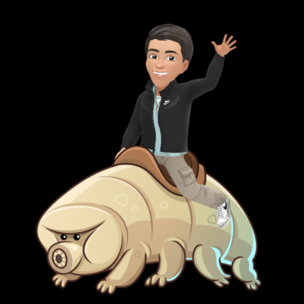 Cartoon avatar waving while riding a large animated tardigrade with a saddle, smiling against a black background.