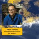 Blue and gold watercolor graphic with Aldrin's headshot