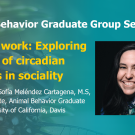 Blue graphic with seminar title, speaker name and title, and speaker photo