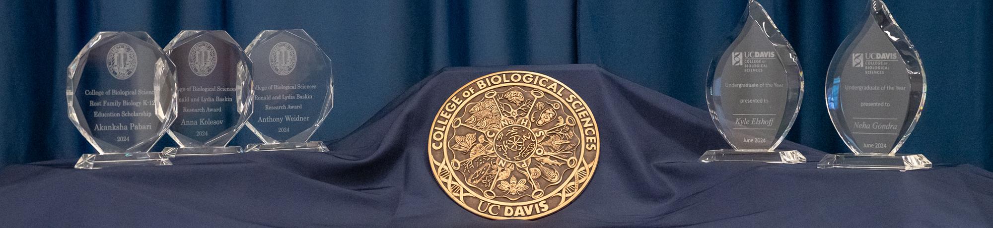 CBS medal displayed with five engraved glass awards on a dark blue cloth against a blue curtain backdrop.
