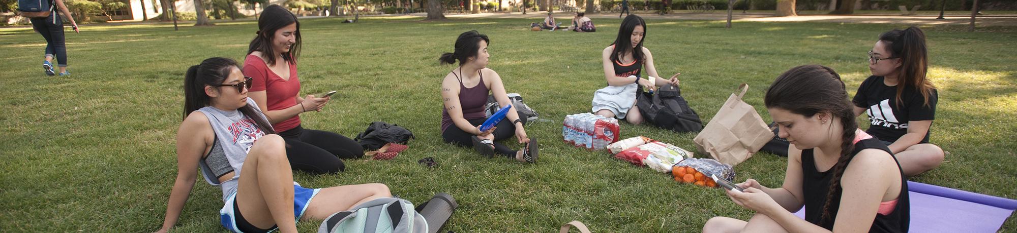 Students seated in circle on lawn